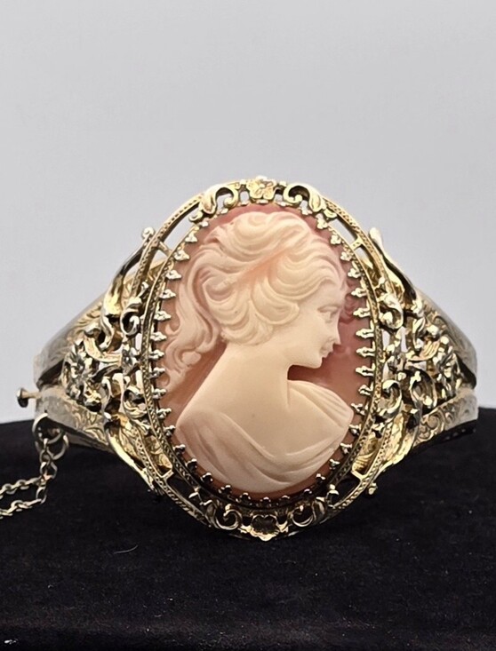 Whiting & Davis Jewelry - Vintage Signed Whiting & Davis Large Cameo Hinged Cuff Bracelet Good Condition